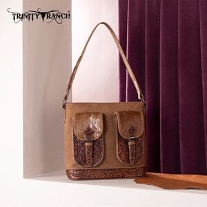 TR185G-918 Trinity Ranch Genuine Cowhide Tooled Concealed Carry Hobo Bag-brown